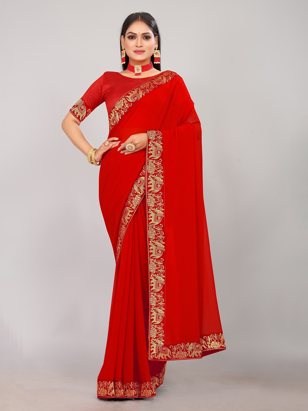 

CastilloFab Georgette Saree With Lace, Red