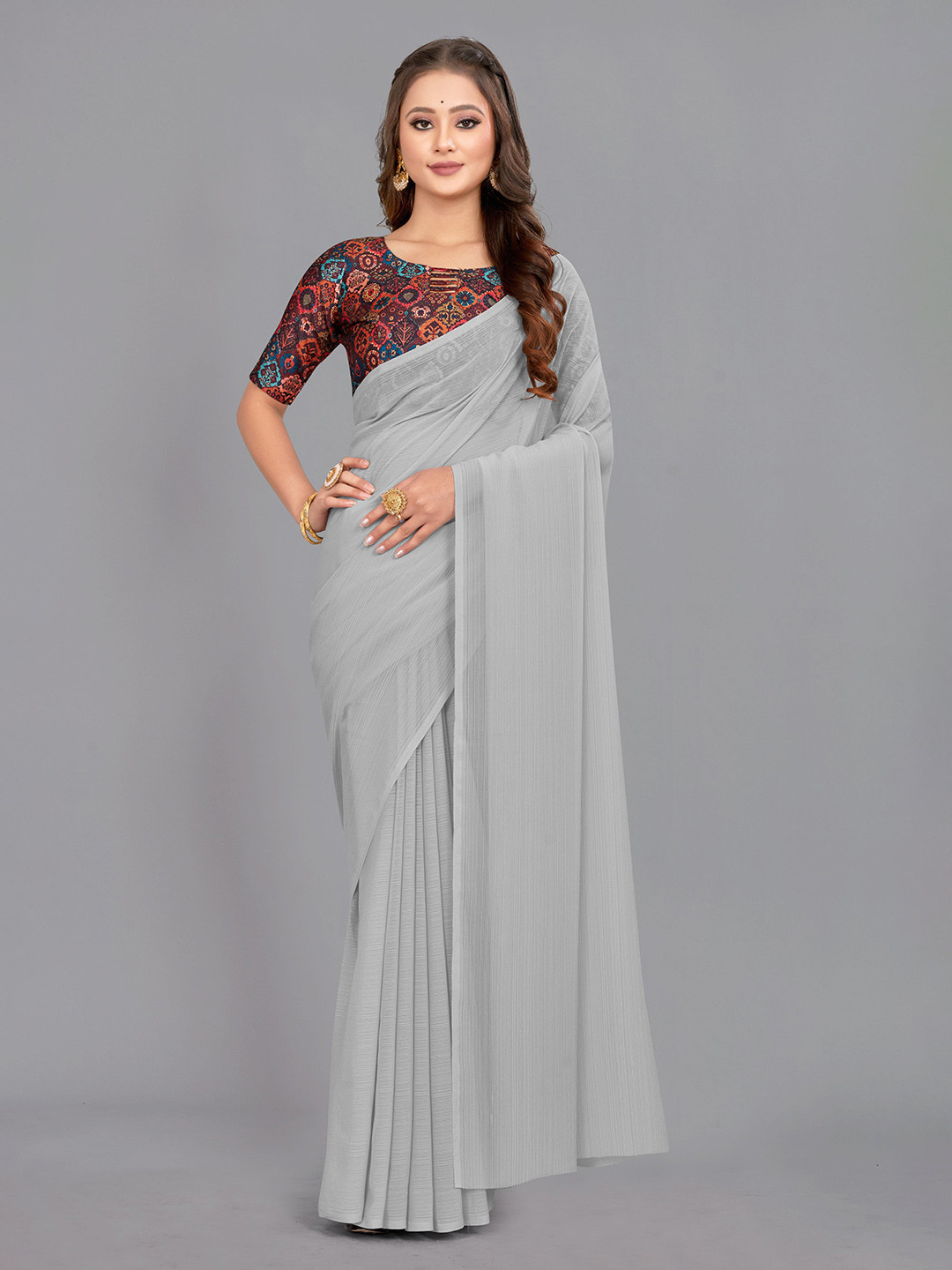 

CastilloFab Chiffon Saree With Digital Print Blouse, Grey