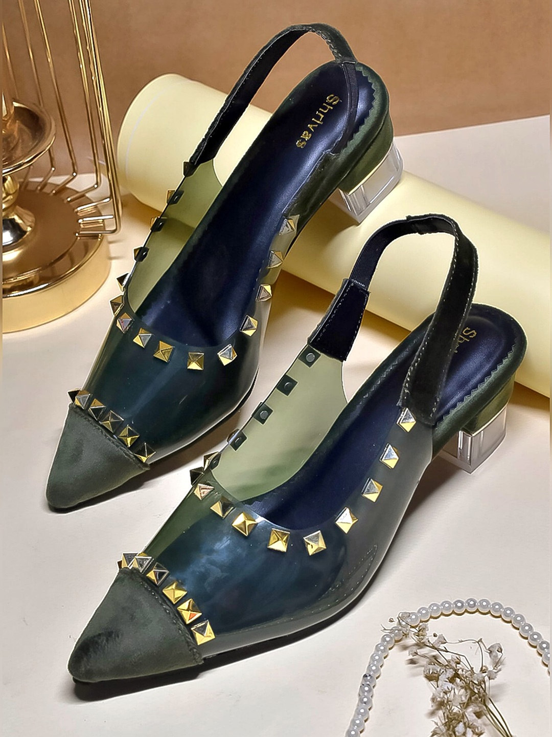 

SHRIVAS BY ARCHITA MEHTA Pointed Toe Embellished Block Heeled Pumps, Olive