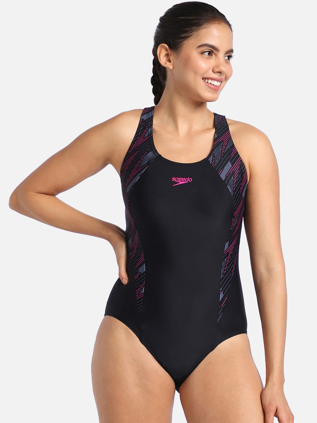 

Speedo Abstract Printed Sleeveless Swim Bodysuit, Black