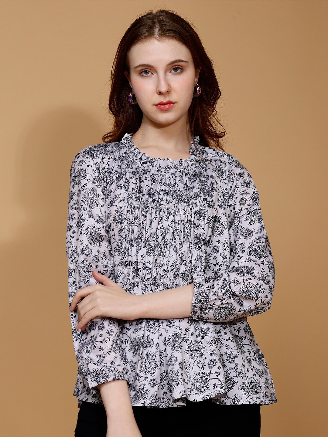 

Mimakiya Floral Printed Gathered or Pleated Satin Top, Grey