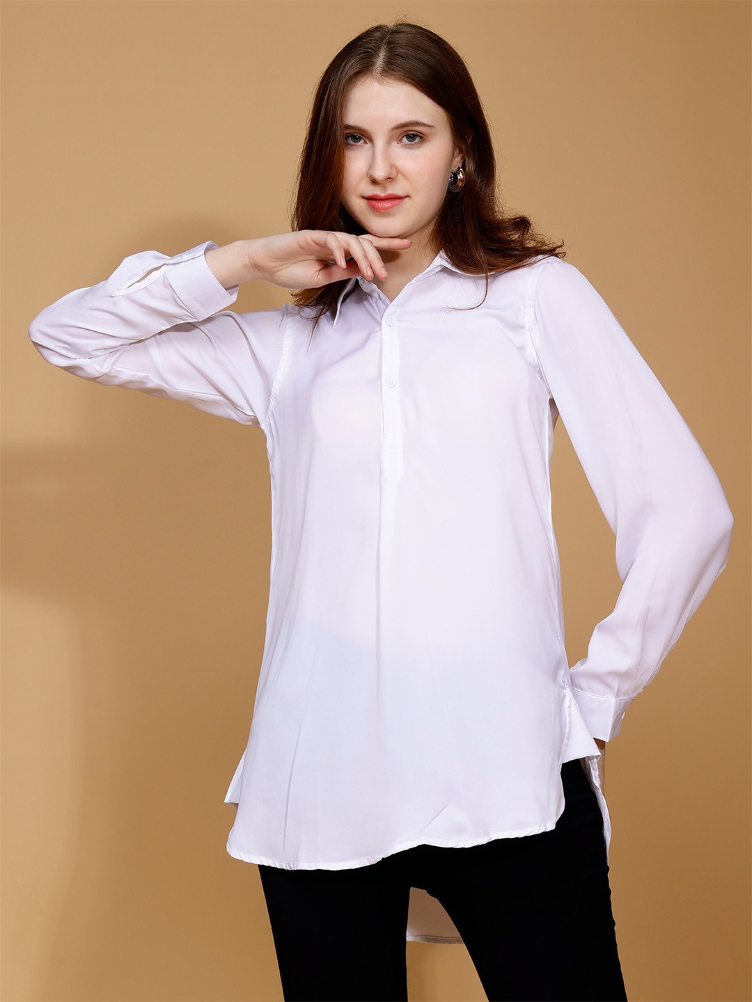 

Mimakiya Classic Spread Collar High Low Hem Satin Casual Shirt, White