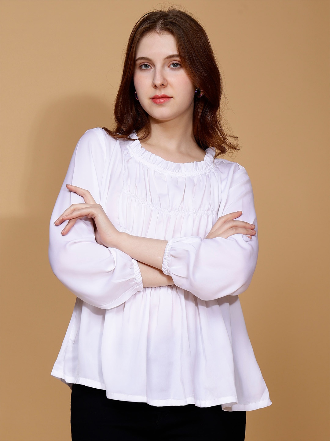 

Mimakiya Round Neck Smocked Satin A-Line Top, White