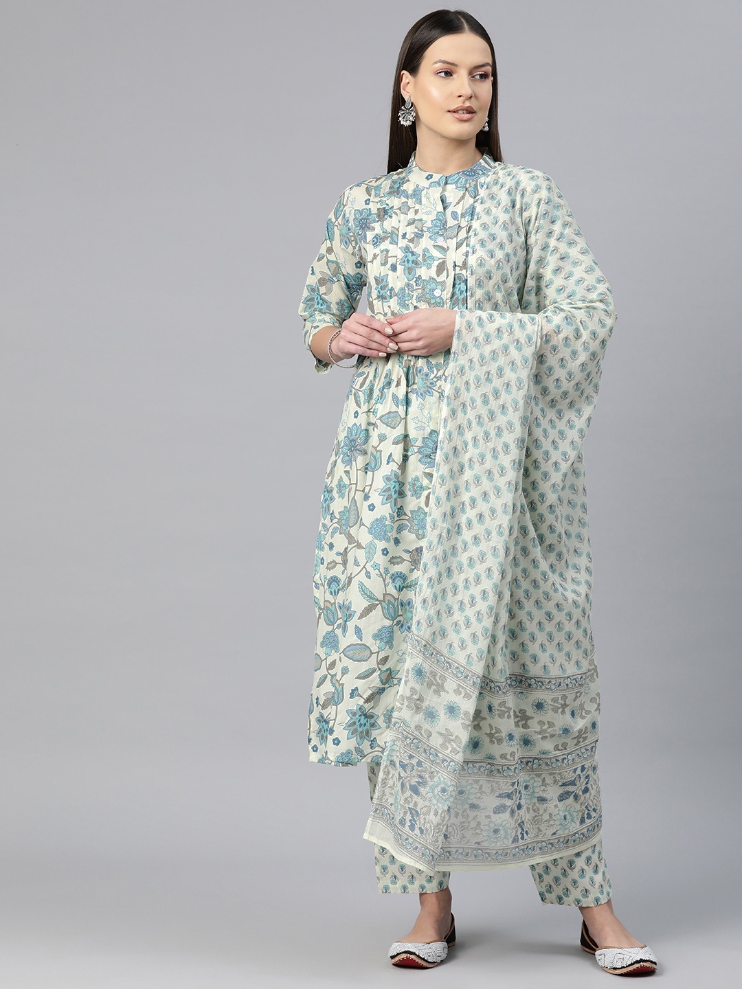 

Readiprint Women Floral Printed Regular Pure Cotton Kurta with Salwar & With Dupatta, Sea green
