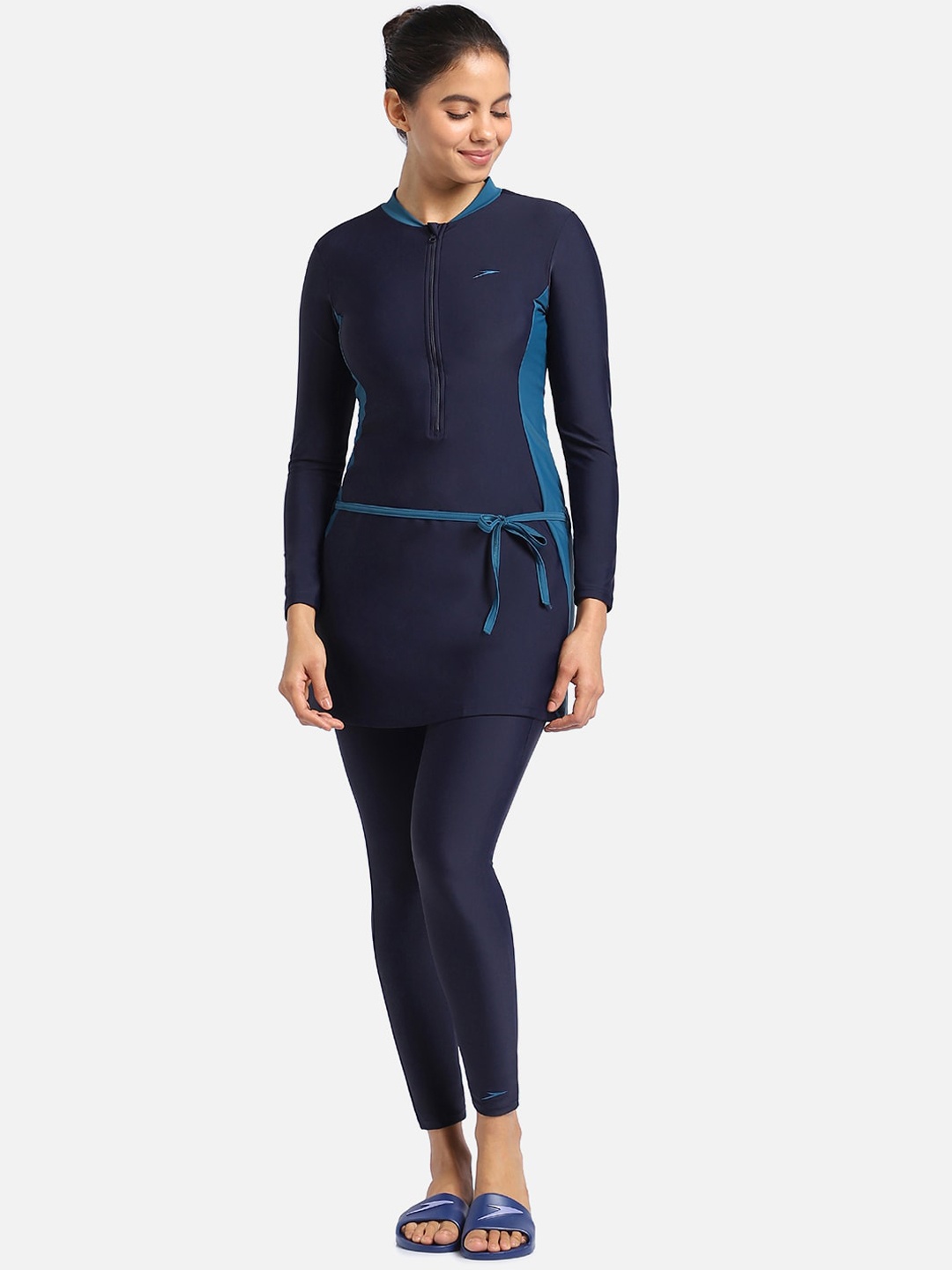 

Speedo Colourblocked Mock-Collar Swim Set, Navy blue