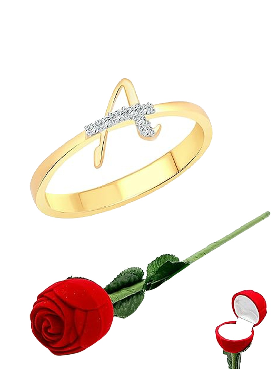 

Vighnaharta Gold-Plated Cubic Zirconia Studded Finger Ring With Rose Box