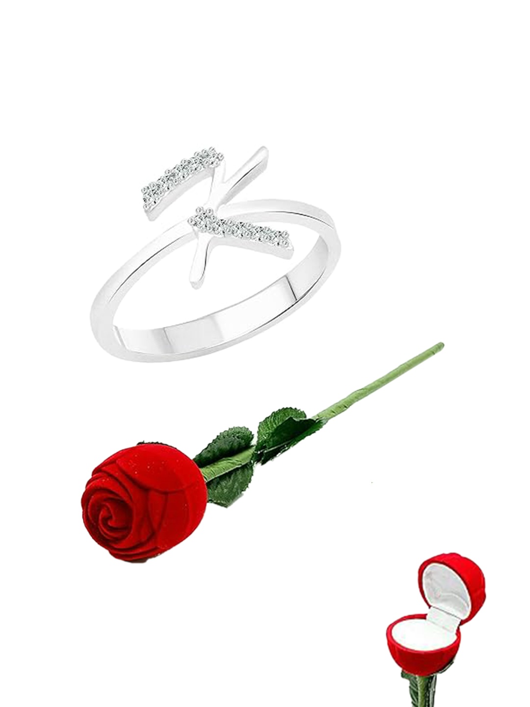 

Vighnaharta Rhodium-Plated CZ-Studded & Alphabet K Details Finger Ring With Rose Box, Silver