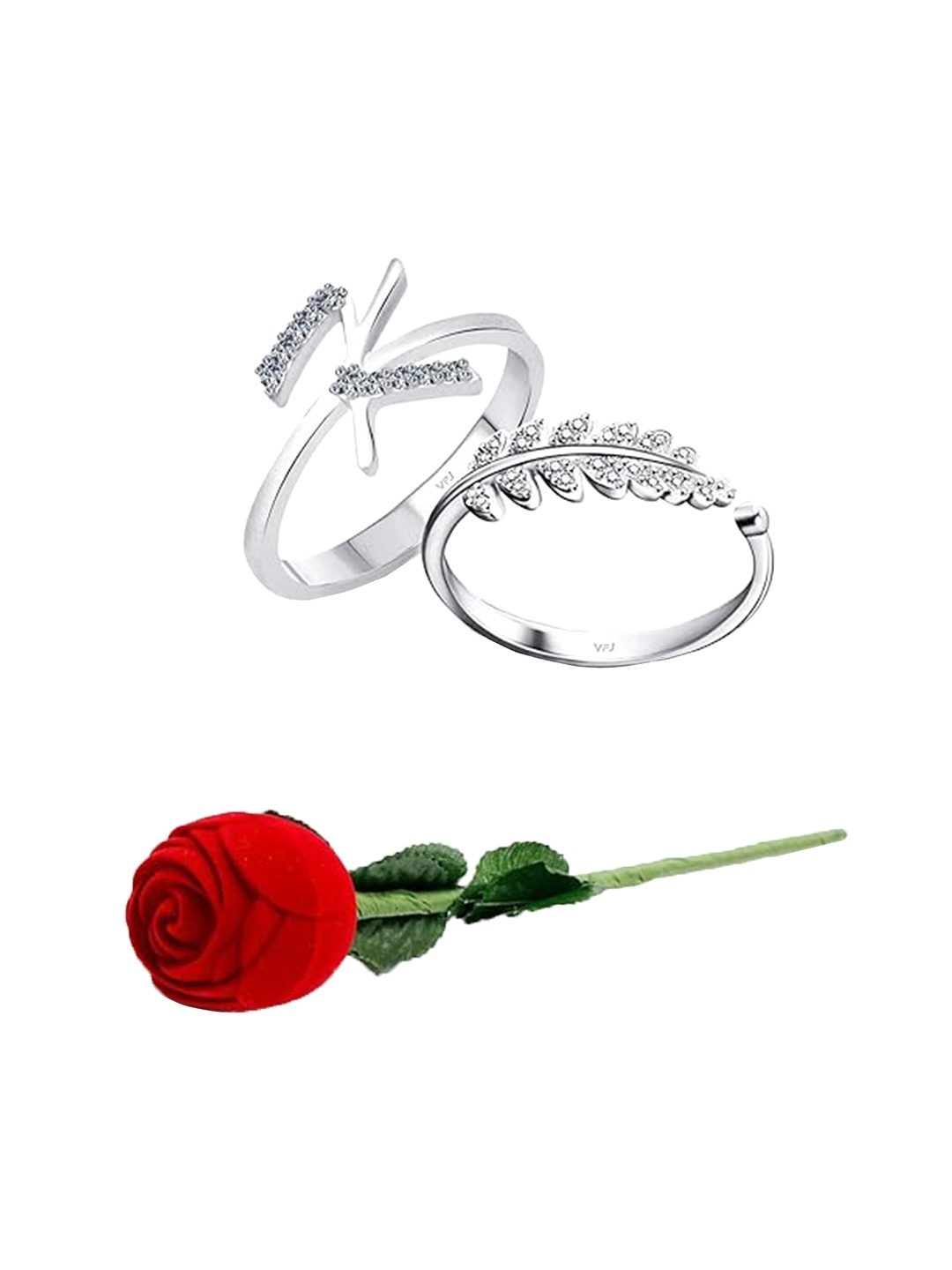 

Vighnaharta Set Of 2 Rhodium-Plated CZ-Studded Finger Rings With Rose Box, Silver