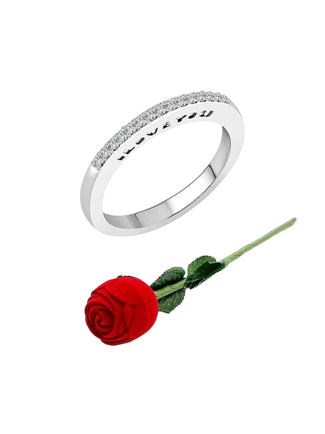 

Vighnaharta Rhodium-Plated Cubic Zirconia Studded Finger Ring With Rose Box, Silver