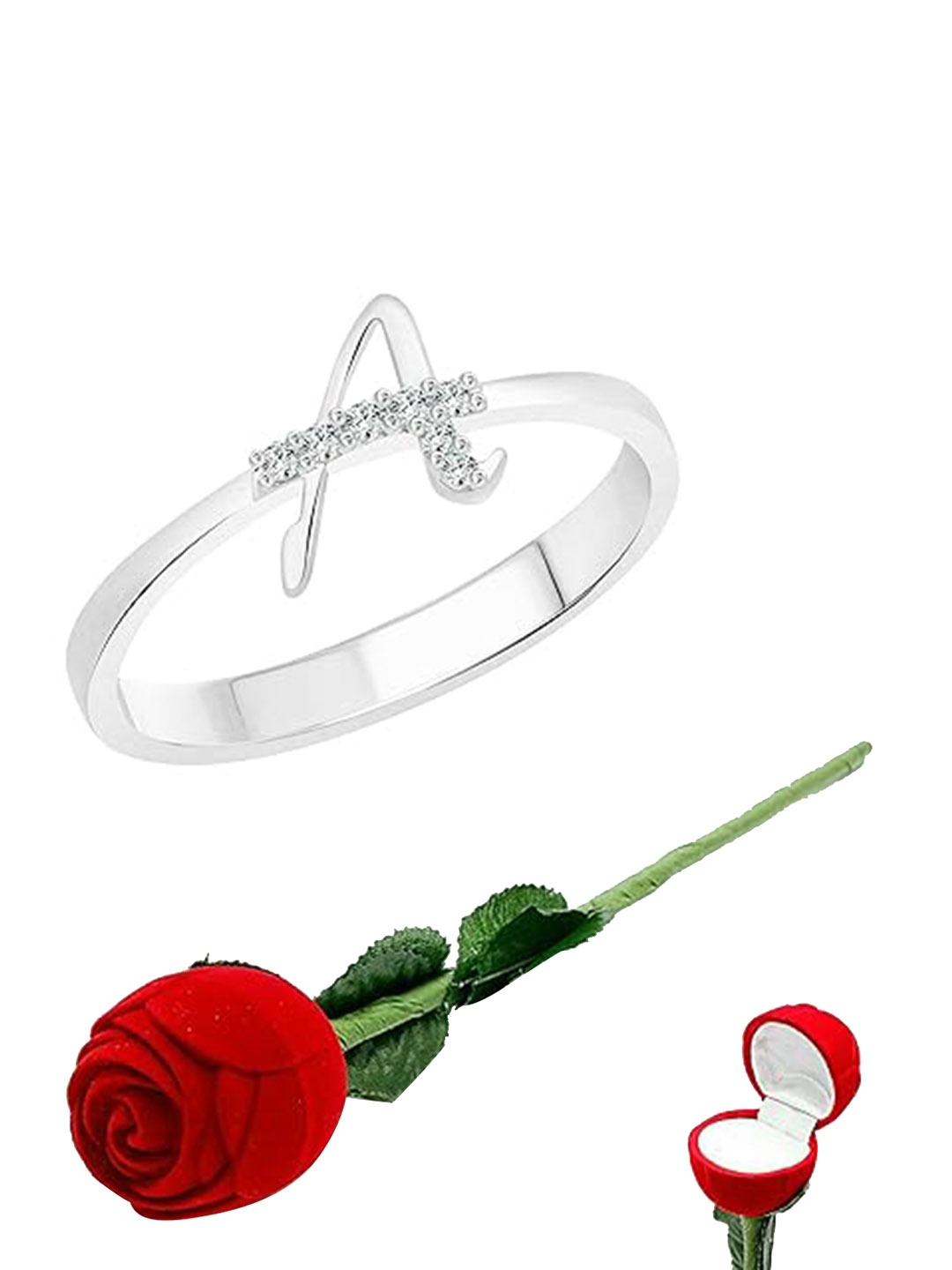 

Vighnaharta Set Of 2 Rhodium-Plated CZ-Studded Finger Ring With Rose Box, Silver