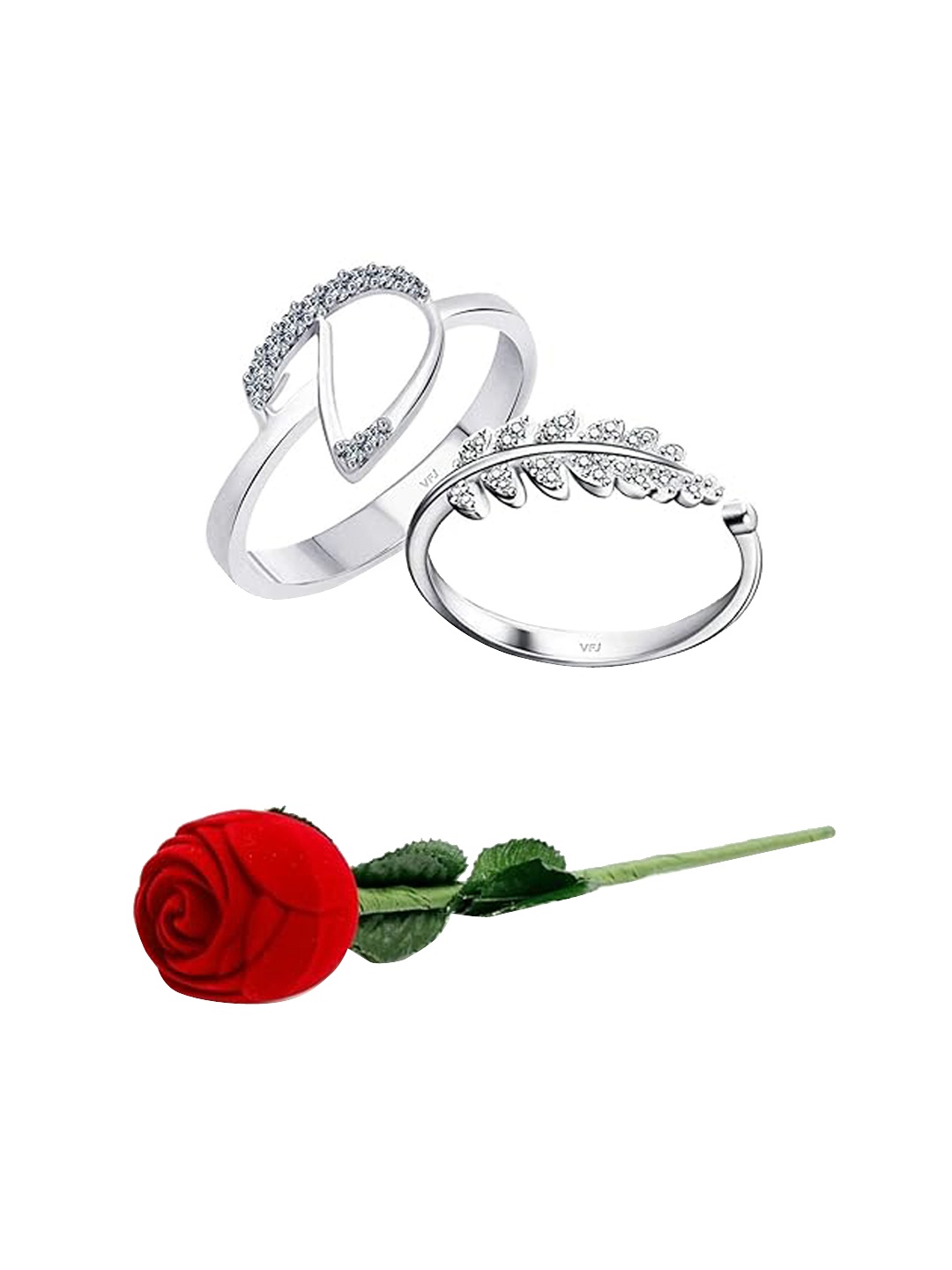 

Vighnaharta Set Of 3 Rhodium-Plated CZ-Studded Finger Ring With Rose Box, Silver