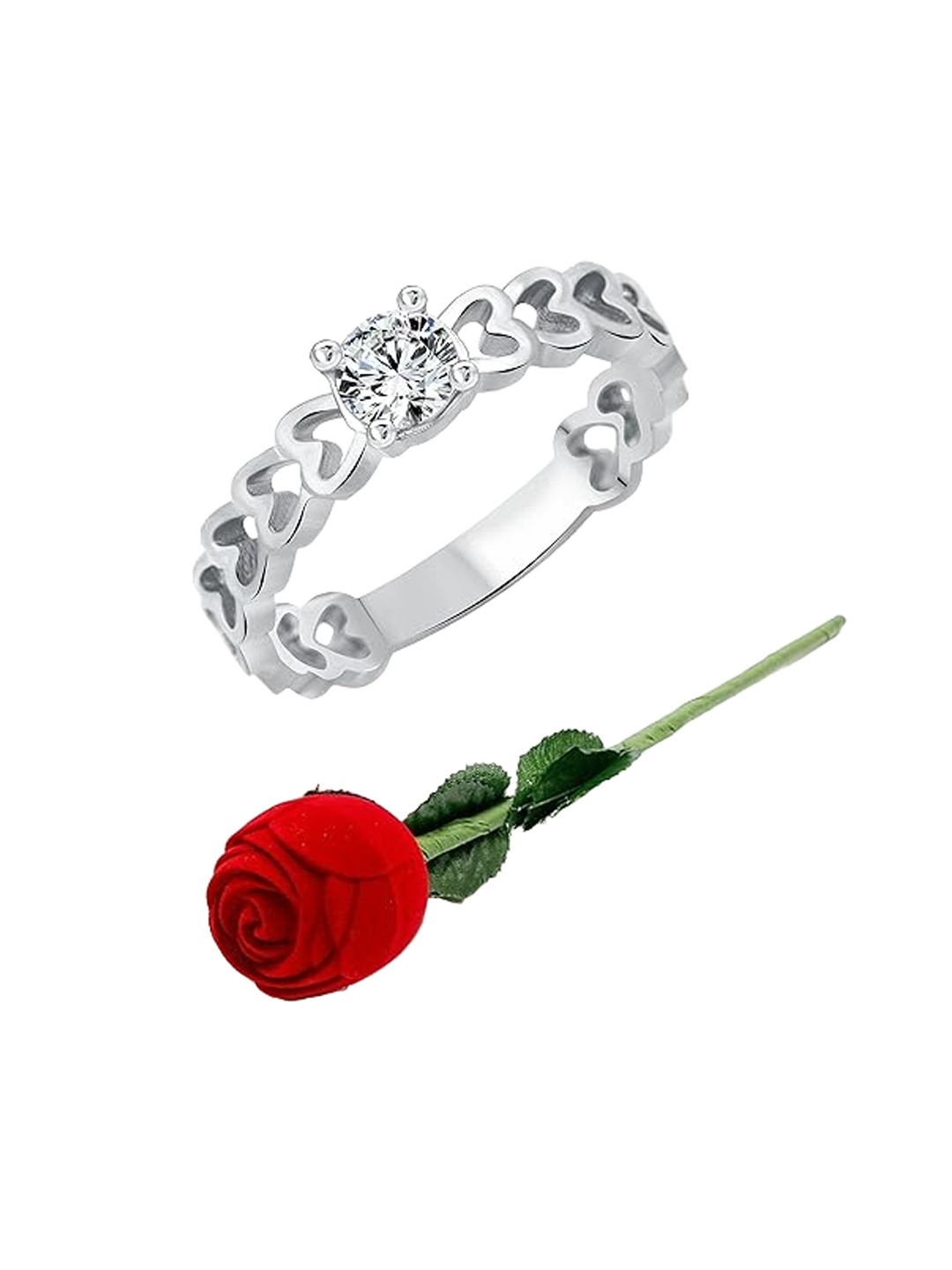 

Vighnaharta Rhodium-Plated Cubic Zirconia Studded Finger Ring With Rose Box, Silver