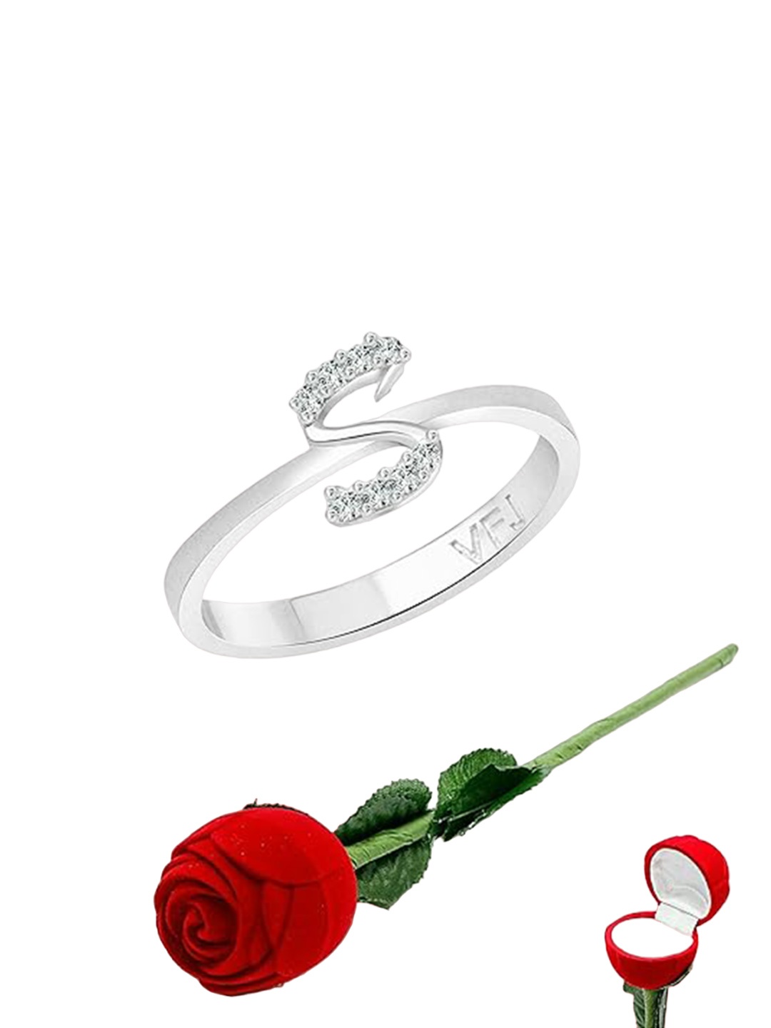 

Vighnaharta Set Of 2 Rhodium-Plated CZ-Studded Finger Ring With Rose Box, Silver