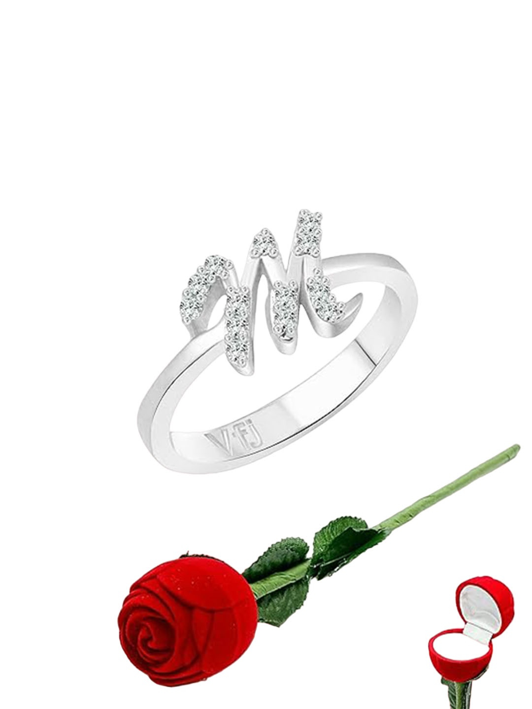 

Vighnaharta Set Of 2 Rhodium-Plated CZ-Studded Finger Ring With Rose Box, Silver