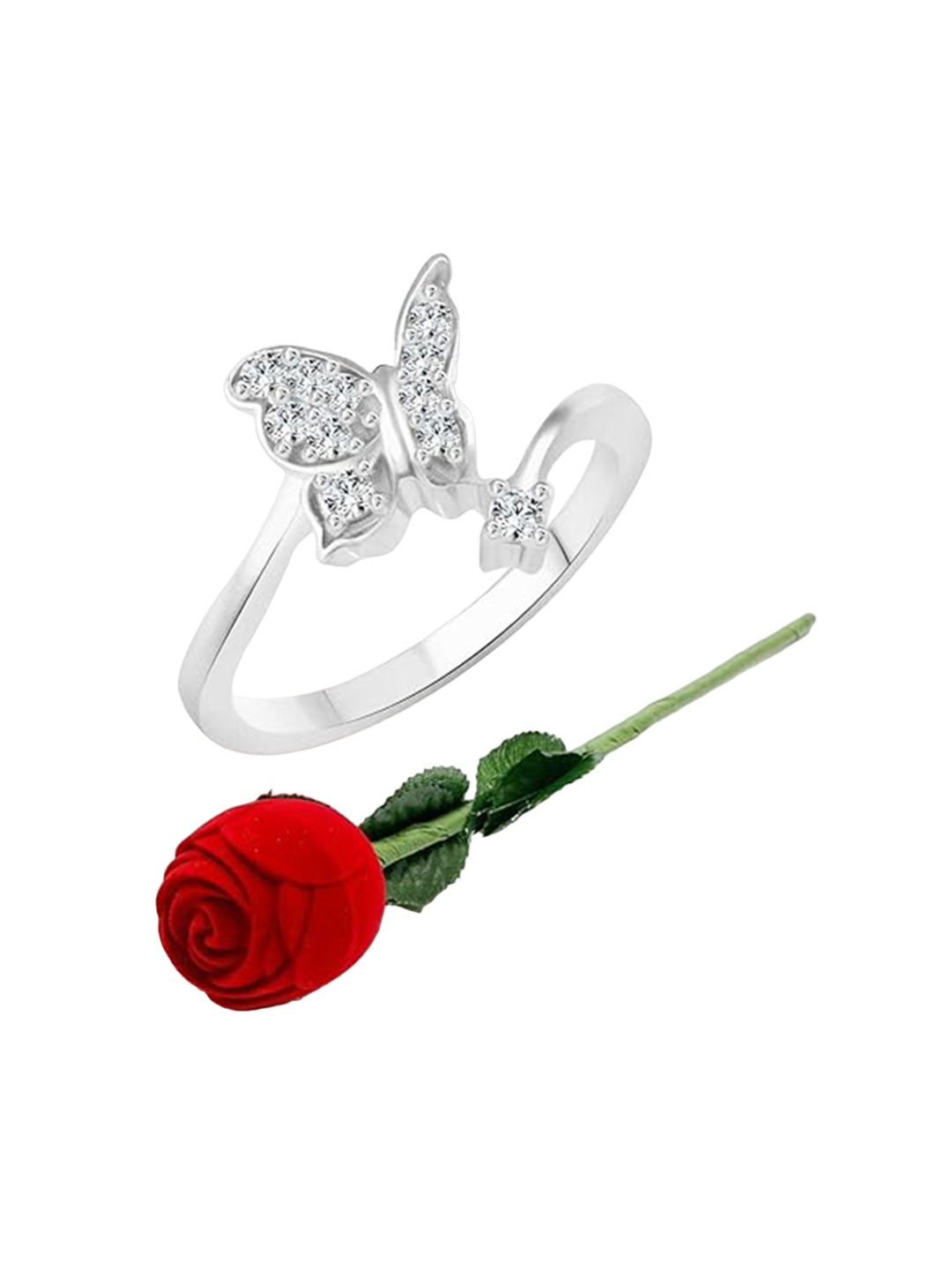 

Vighnaharta Rhodium-Plated CZ-Studded Finger Ring With Rose Box, Silver