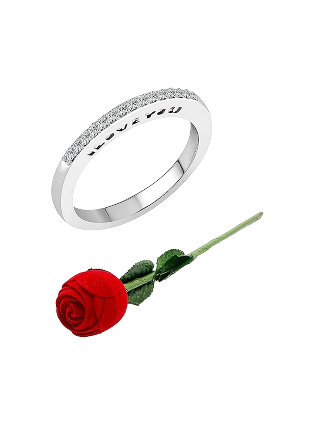

Vighnaharta Set Of 2 Rhodium-Plated CZ-Studded Finger Ring With Rose Box, Silver