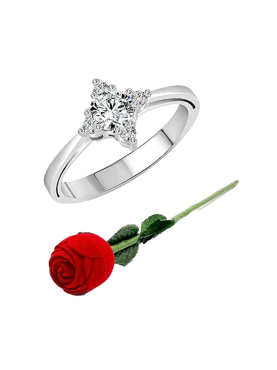 

Vighnaharta Rhodium-Plated CZ-Studded Finger Ring With Rose Box, Silver
