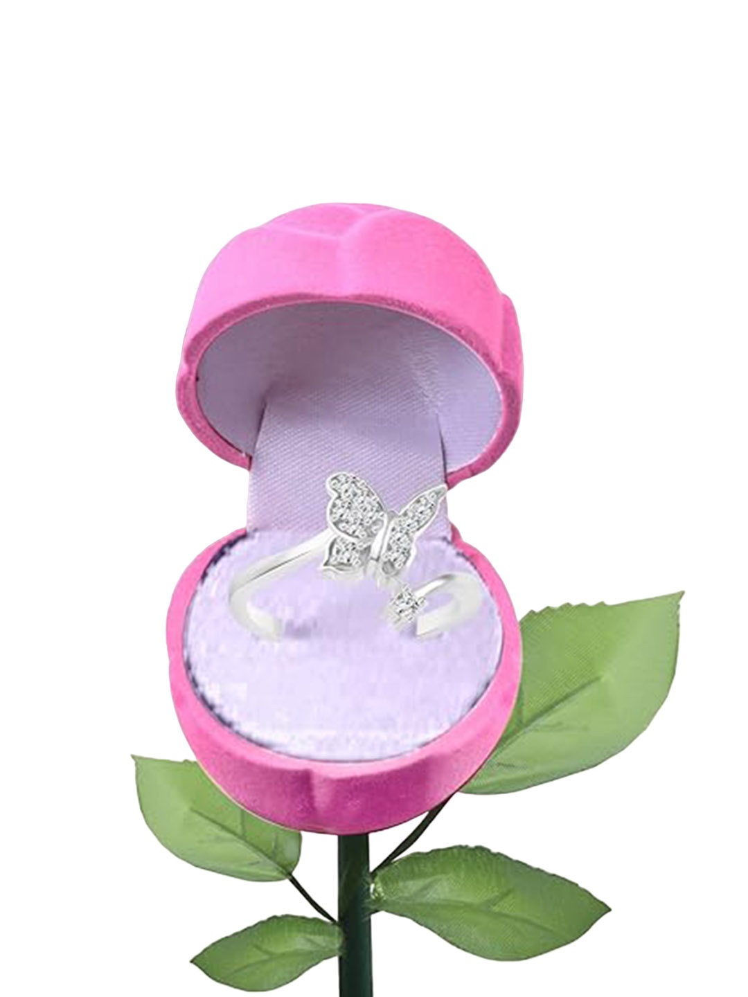 

Vighnaharta Rhodium-Plated Cubic Zirconia-Studded Finger Ring With Rose Box, Silver