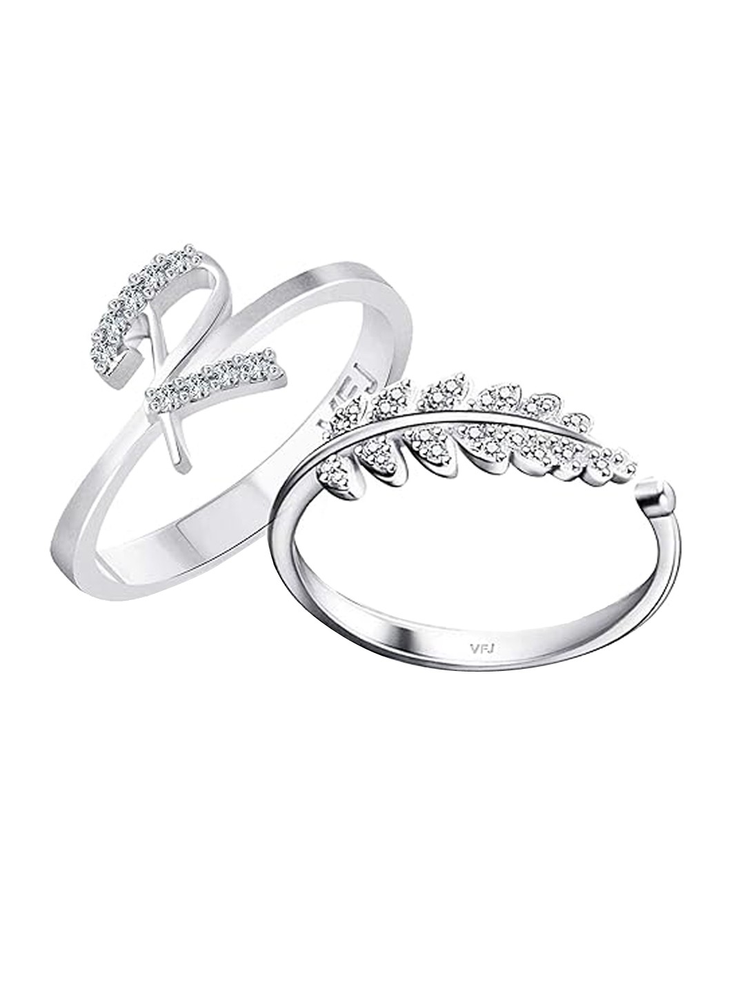 

Vighnaharta Set Of 2 Rhodium-Plated CZ-Studded Finger Ring With Rose Box, Silver