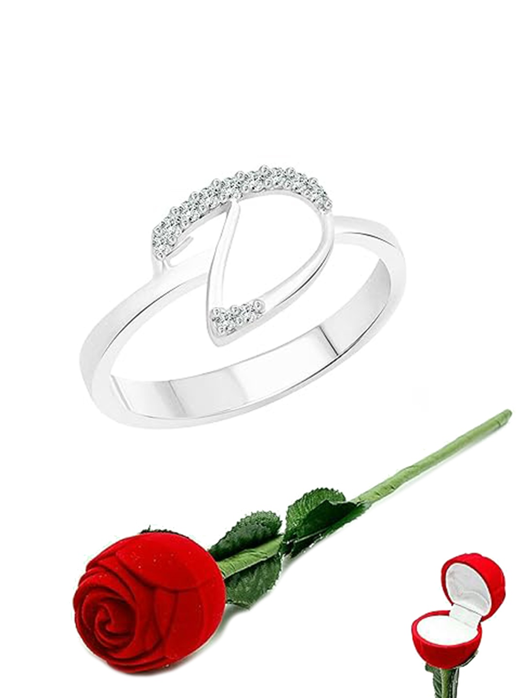 

Vighnaharta Rhodium-Plated Cubic Zirconia Studded Finger Ring With Rose Box, Silver