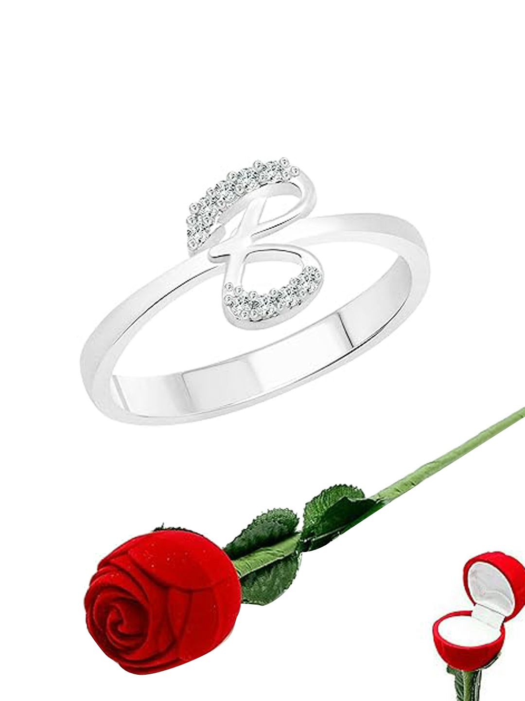 

Vighnaharta Rhodium-Plated CZ-Studded & Alphabet B Details Finger Ring With Rose Box, Silver