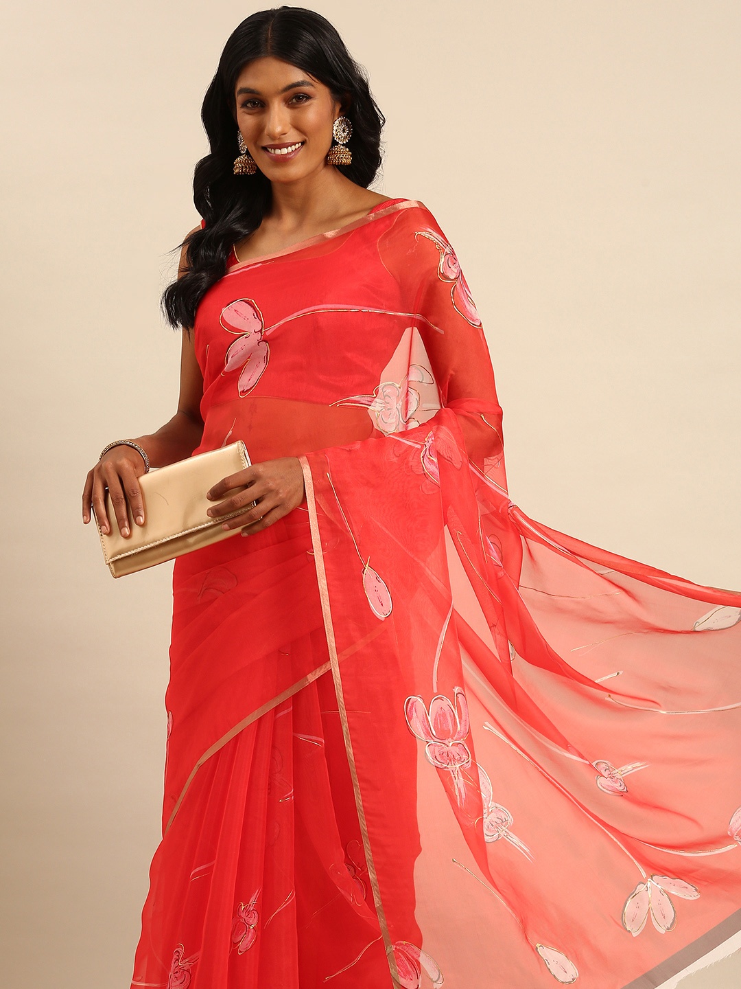 

Mitera Floral Printed Organza Saree, Red