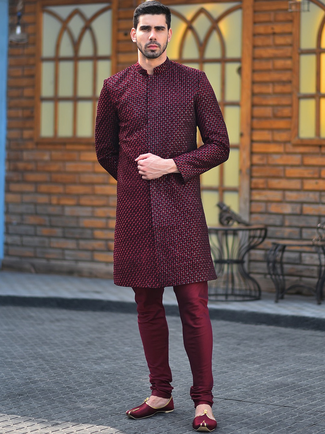 

HOUSE OF DEYANN Embroidered Sequined Velvet Sherwani With Churidar, Maroon