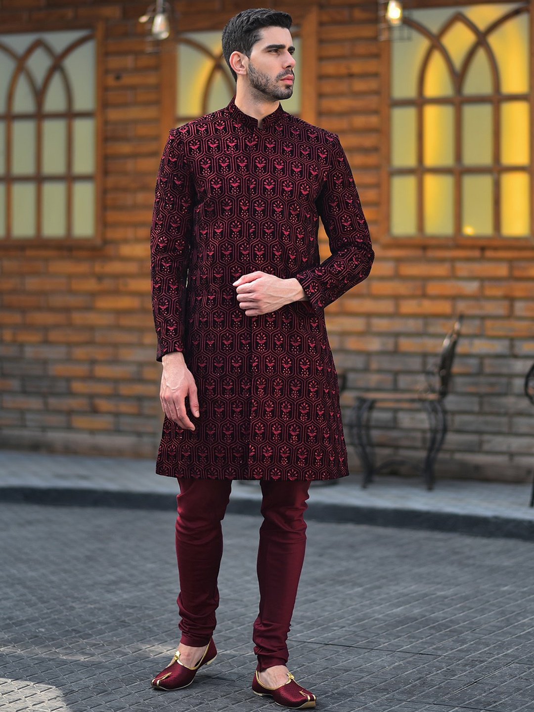 

HOUSE OF DEYANN Embroidered Velvet Sherwani With Churidar, Maroon