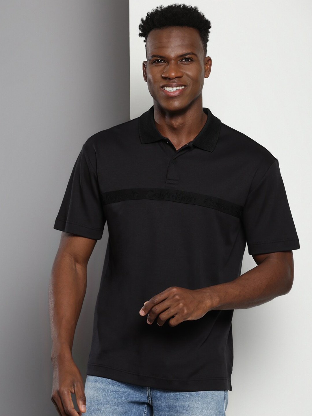 

Calvin Klein Jeans Polo Collar Relaxed Fit Pure Cotton T-shirt, Black