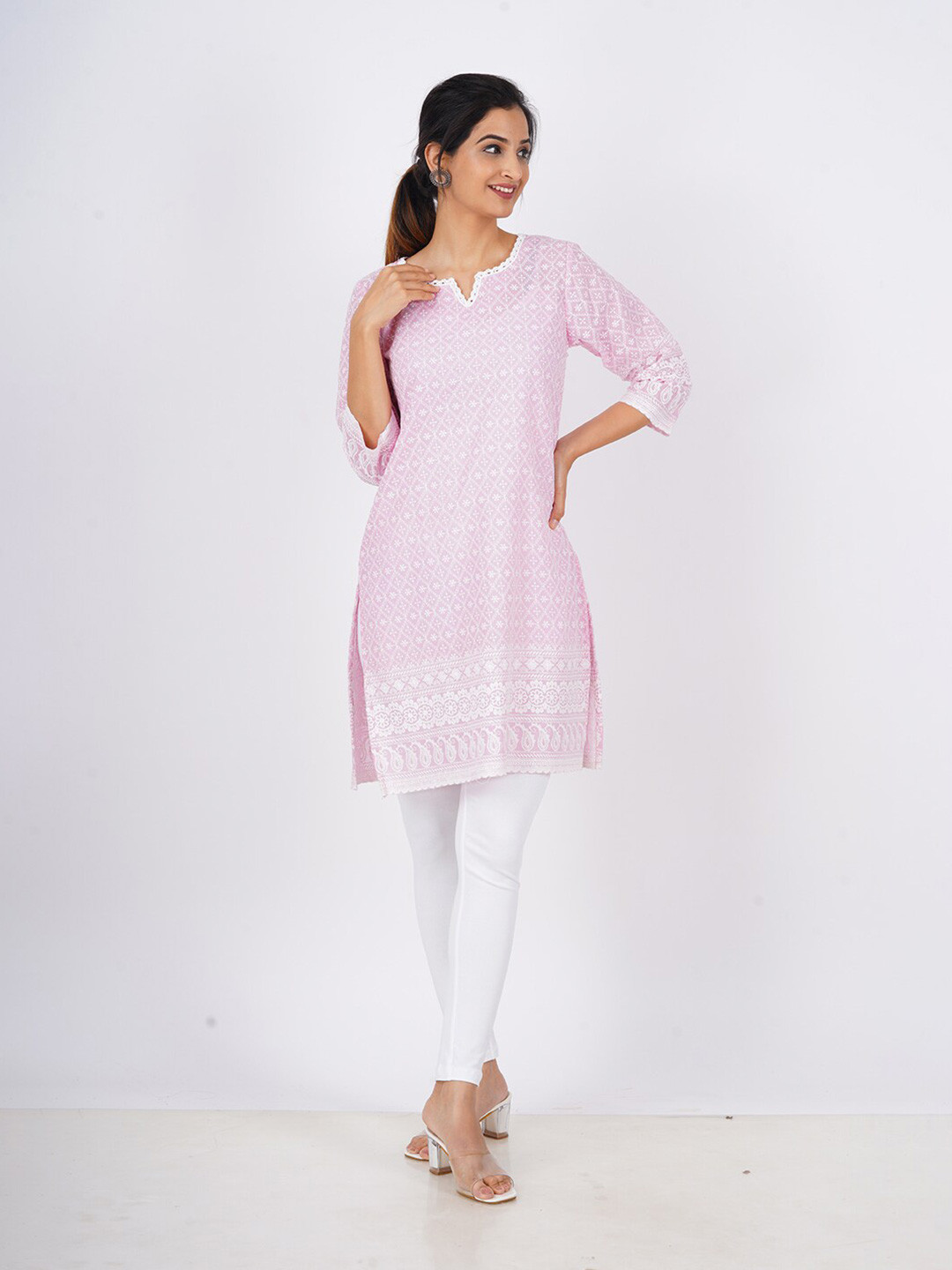 

BAESD Floral Embroidered Chikankari V-Neck Thread Work Pure Cotton Kurti, Pink