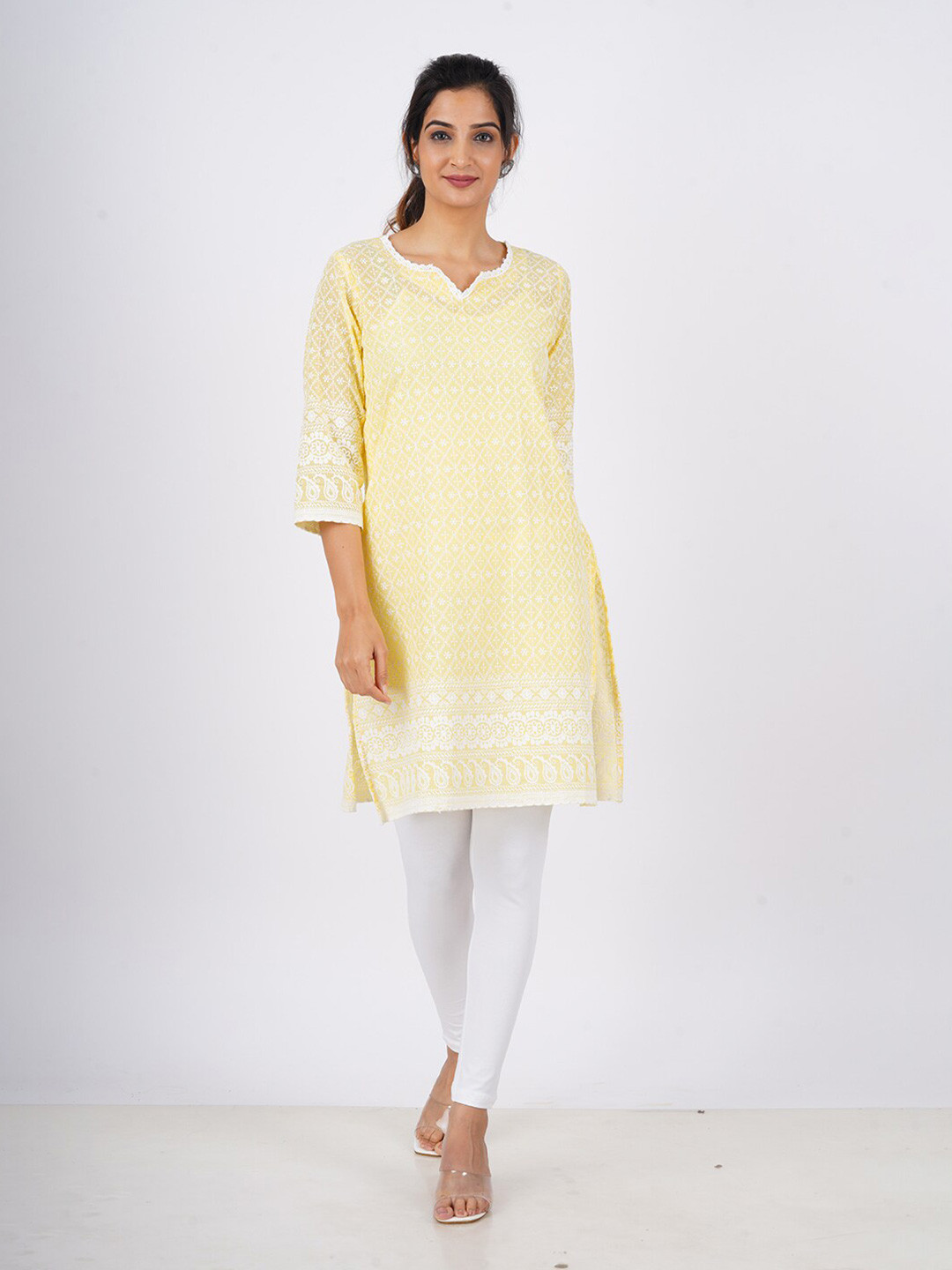 

BAESD Ethnic Motifs Embroidered Chikankari Pure Cotton Kurti, Yellow