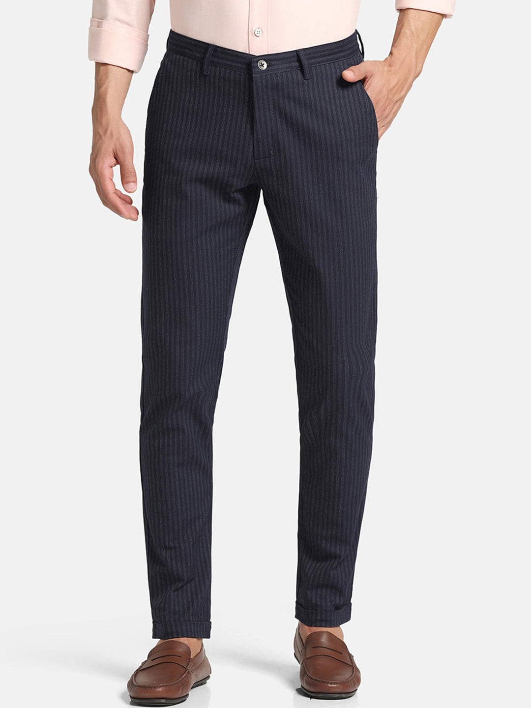 

Blackberrys Men Striped Slim Fit Mid Rise Trousers, Blue