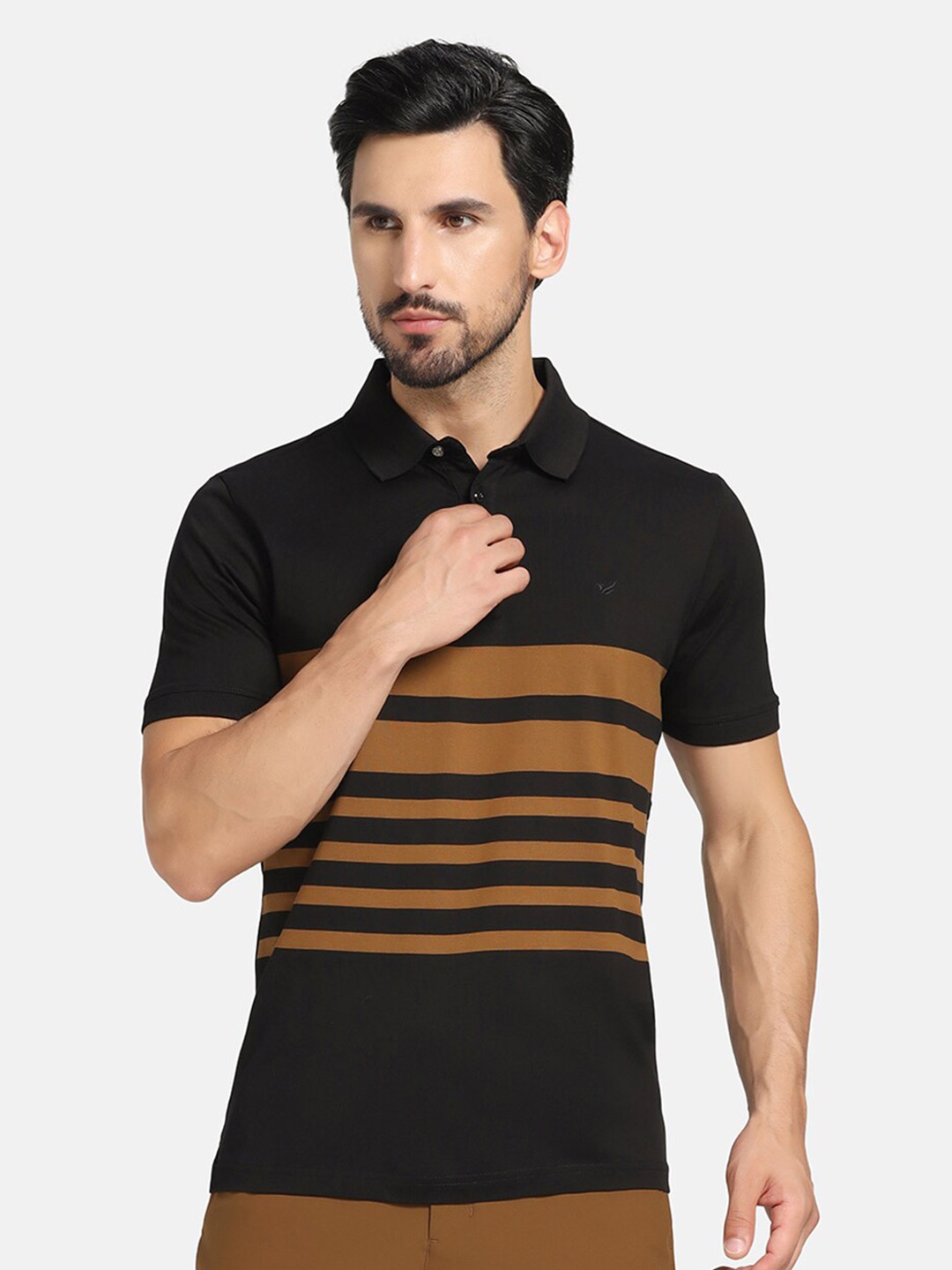 

Blackberrys Striped Polo Collar Slim Fit Cotton T-shirt, Black