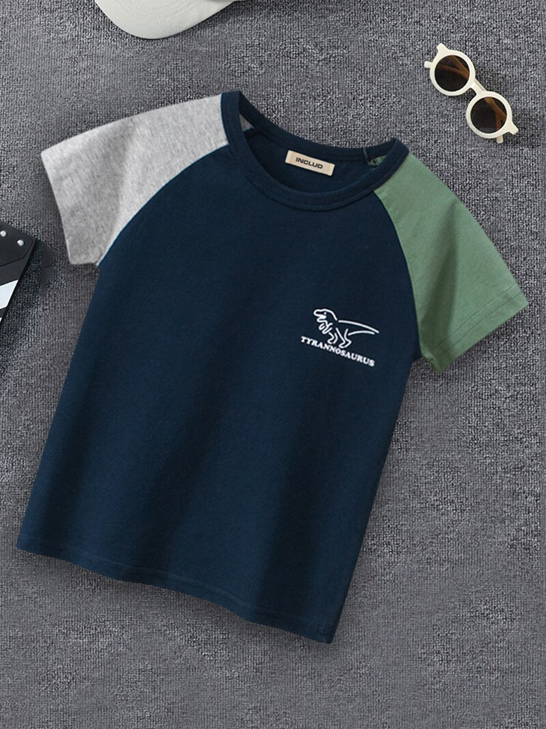 

INCLUD Boys Colourblocked Raglan Sleeves Pure Cotton T-shirt, Navy blue