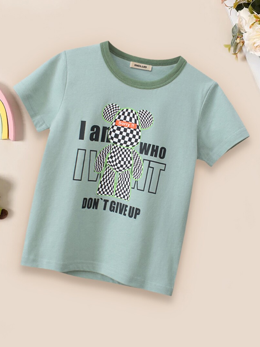 

INCLUD Boys Typography Printed Pure Cotton T-shirt, Green