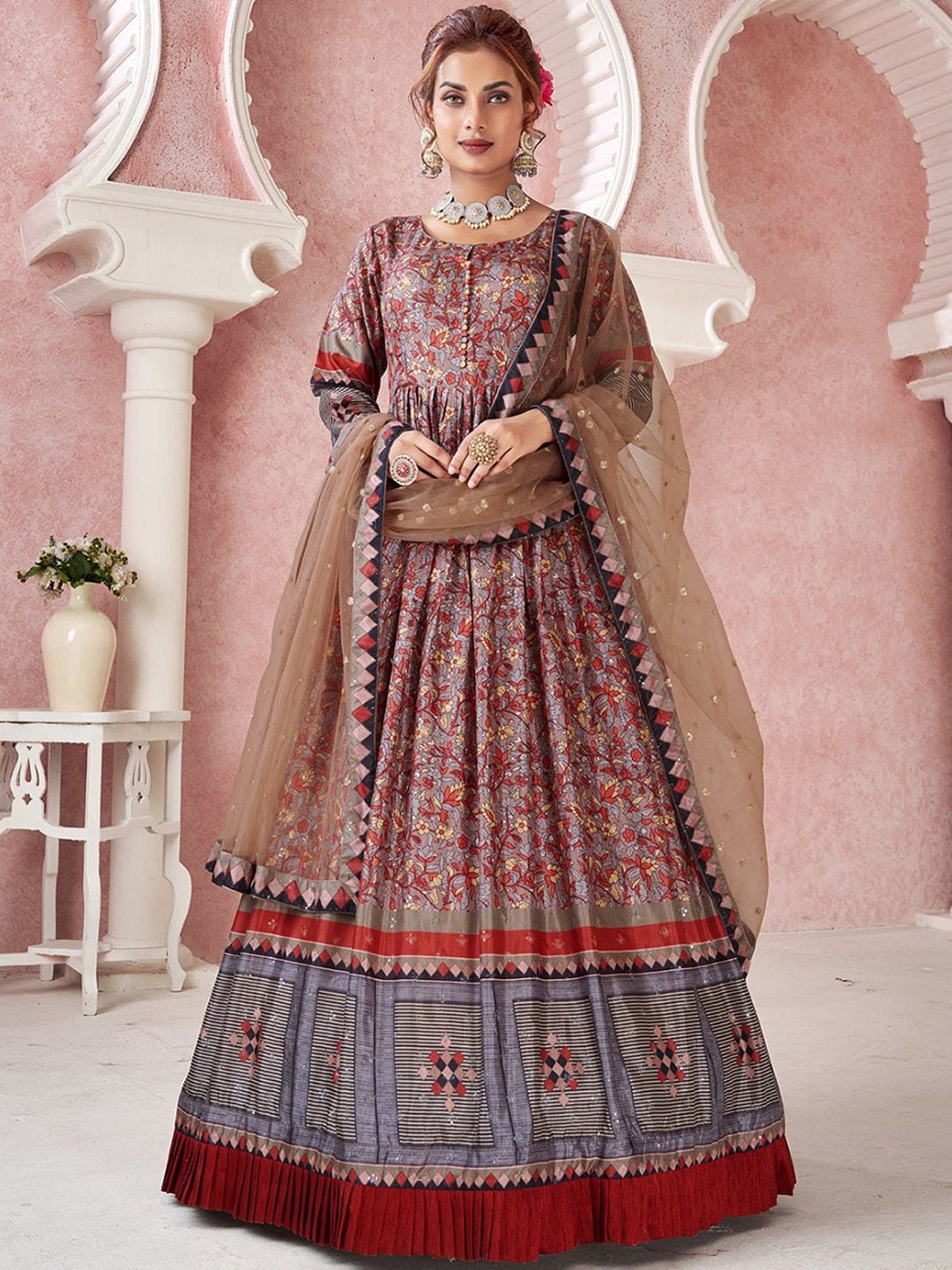 

ODETTE Floral Printed Silk Maxi Gown & Dupatta, Maroon