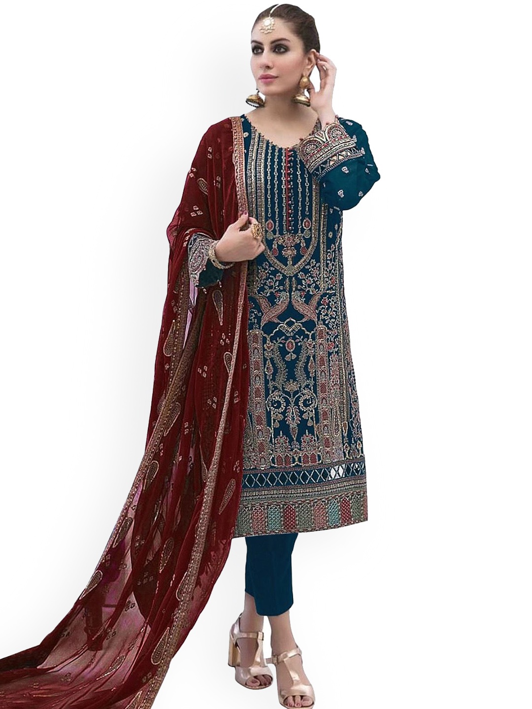 

ODETTE Embroidered Layered Gotta Patti Semi Stitched Kurta With Trouser & Dupatta, Teal