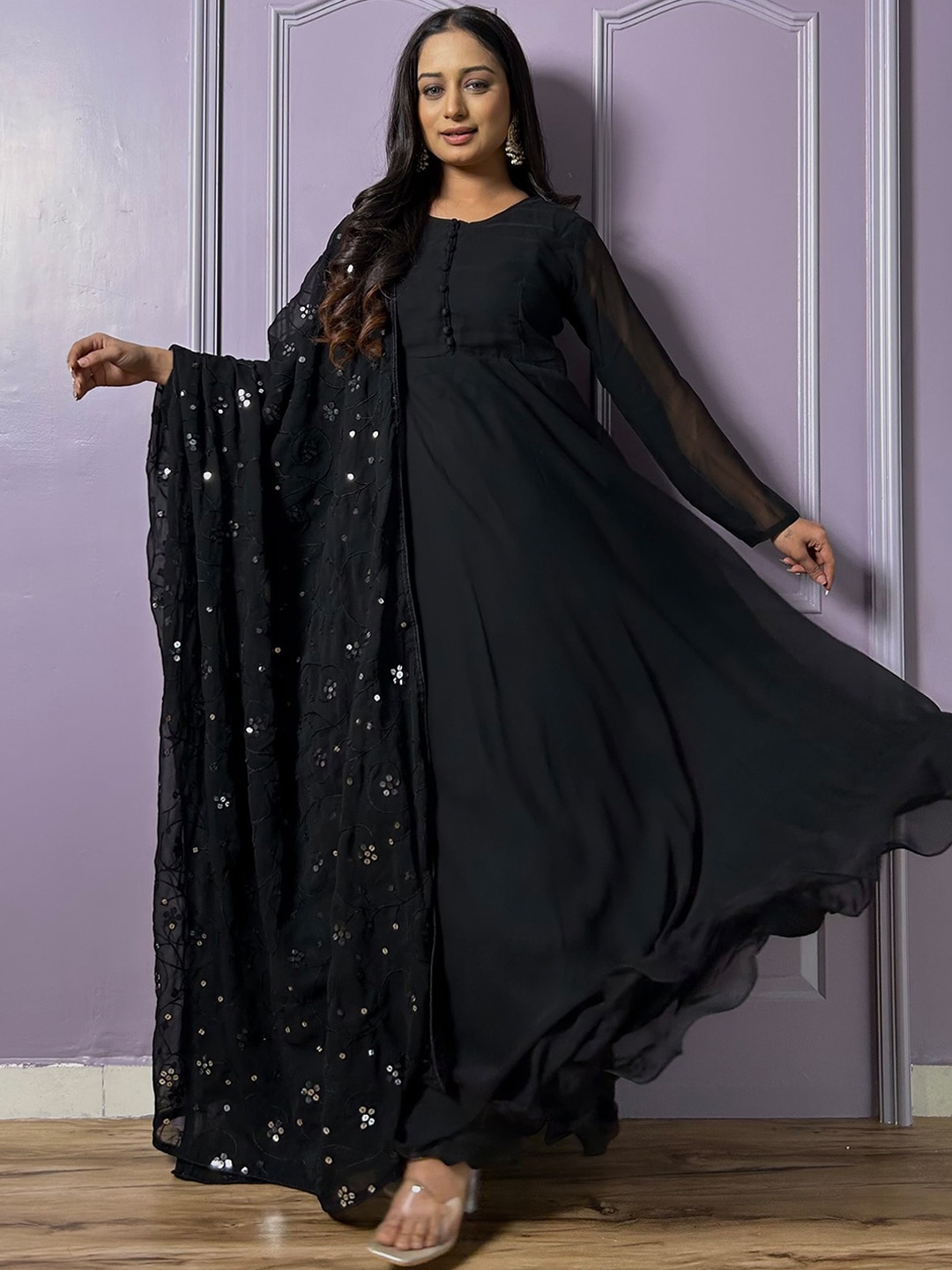 

ODETTE Round Neck Anarkali Kurta With Trouser & Dupatta, Black