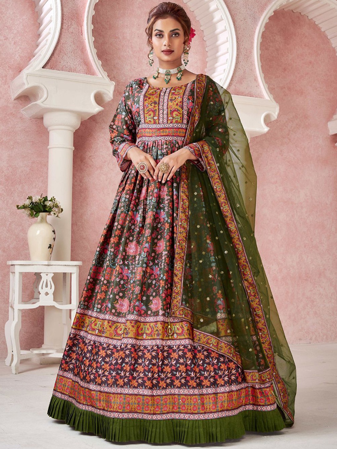 

ODETTE Floral Printed Silk Gown With Dupatta, Green