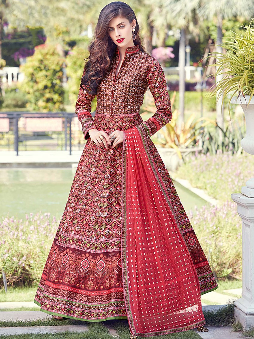 

ODETTE Ethnic Motifs Printed Silk Maxi Gown With Dupatta, Red