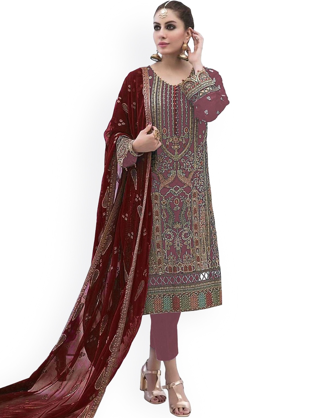 

ODETTE Ethnic Motifs Embroidered V-Neck Straight Semi Stitched Kurta With Trouser & Dupatta, Mauve