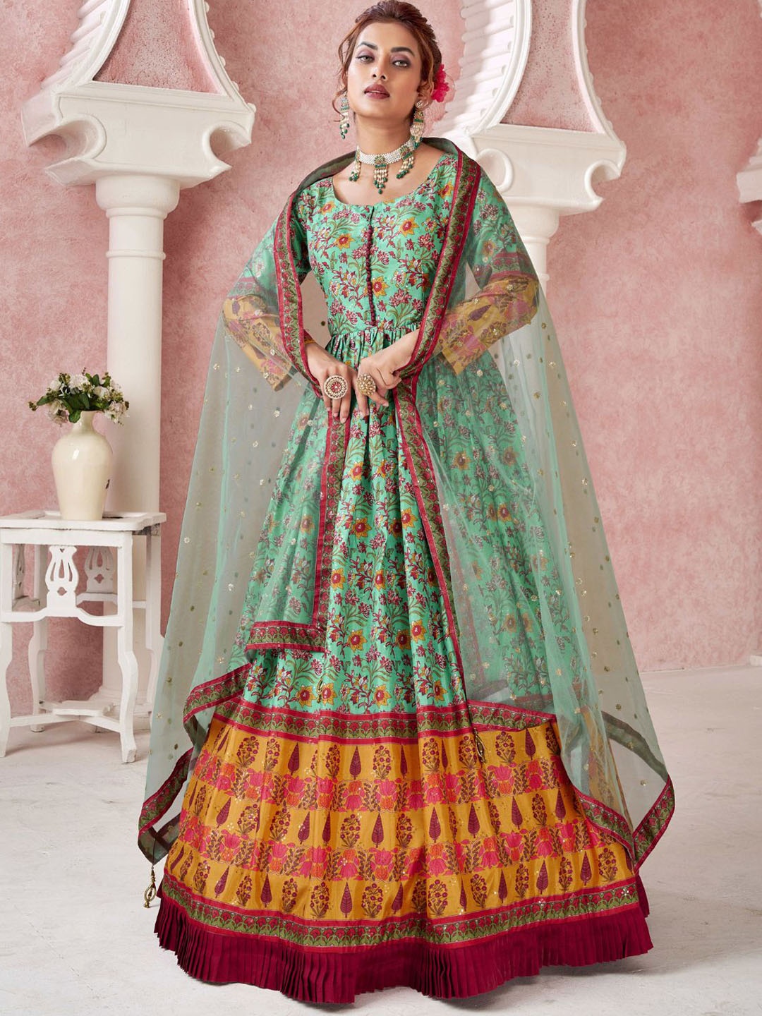 

ODETTE Ethnic Motifs Printed Silk Maxi Gown With Dupatta, Sea green