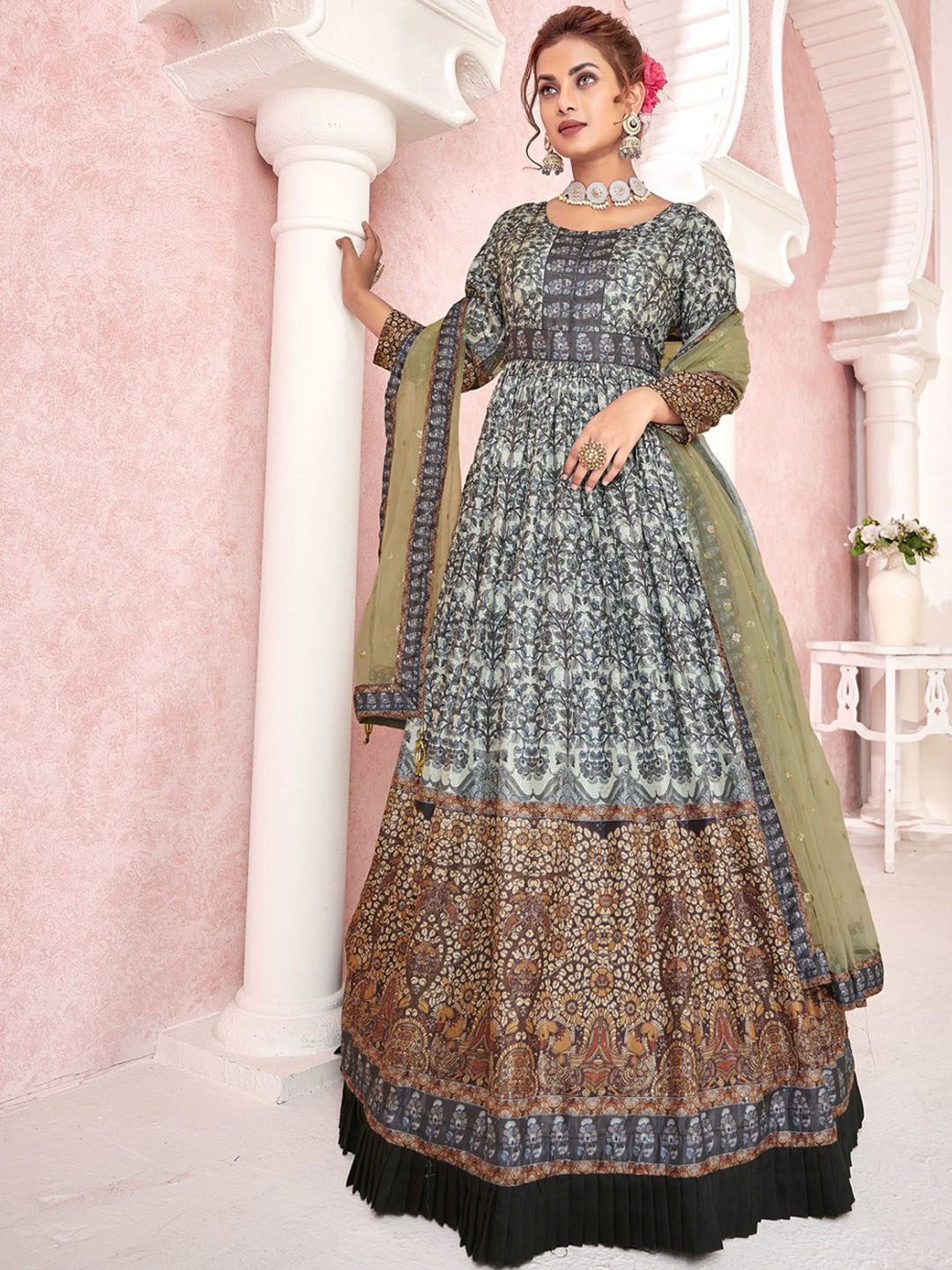 

ODETTE Ethnic Motifs Printed Silk Maxi Gown With Dupatta, Black