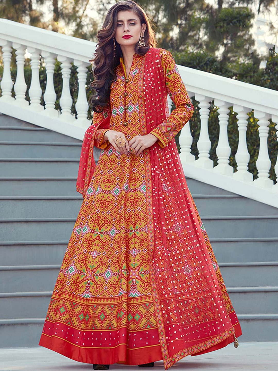 

ODETTE Geometric Printed Mandarin Collar Kurta With Trouser & Dupatta, Orange