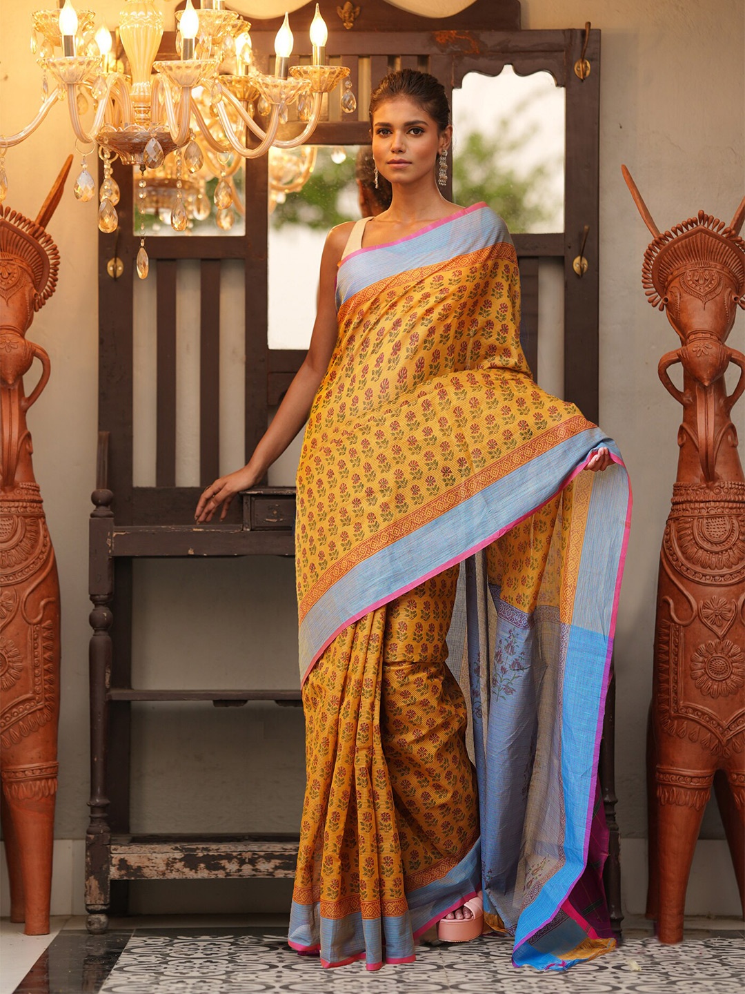 

Unnati Silks Ethnic Motifs Pure Cotton Handloom Mangalagiri Saree, Yellow