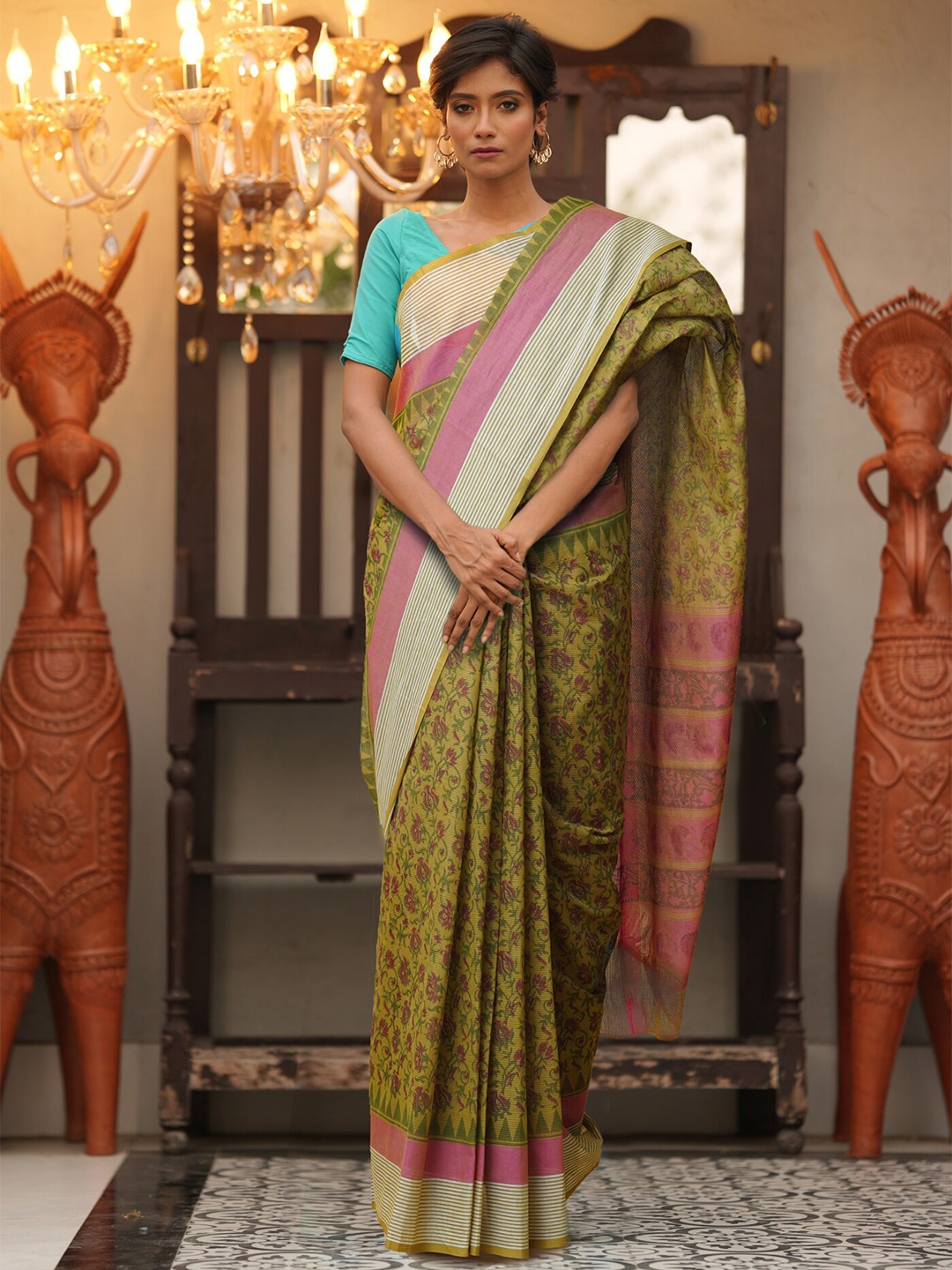 

Unnati Silks Floral Pure Cotton Handloom Mangalagiri Saree, Green
