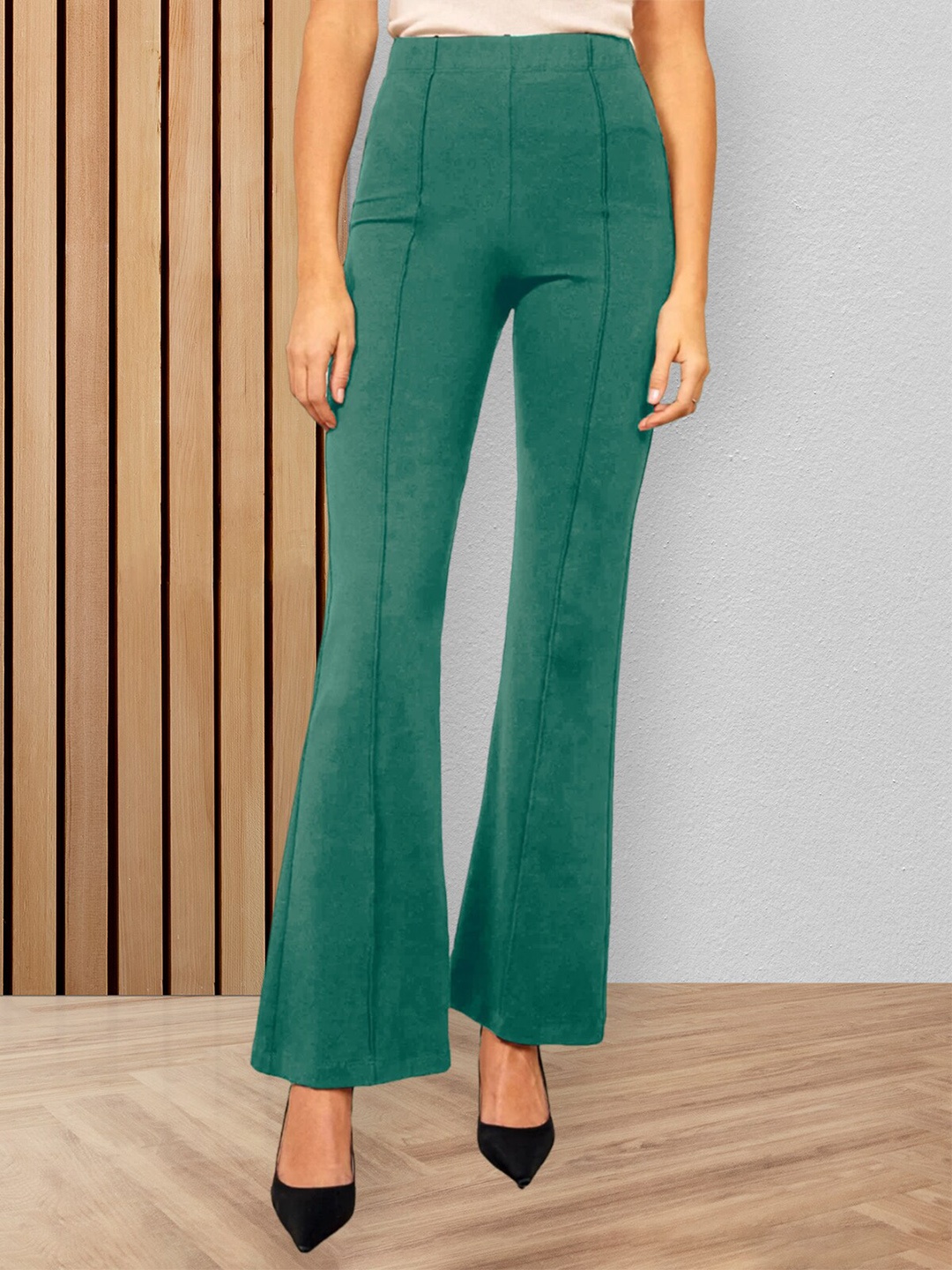 

Fabflee Women Solid Flat Fit High-Rise Parallel Trousers, Green