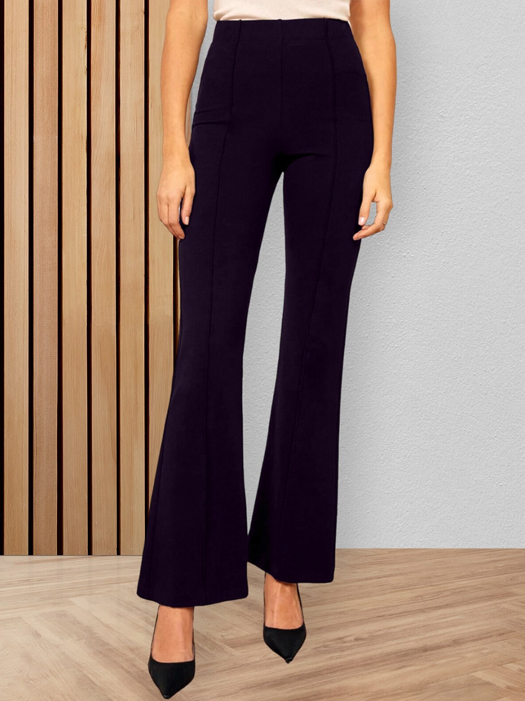 

Fabflee Women Flared High Rise Cotton Pleated Trousers, Purple