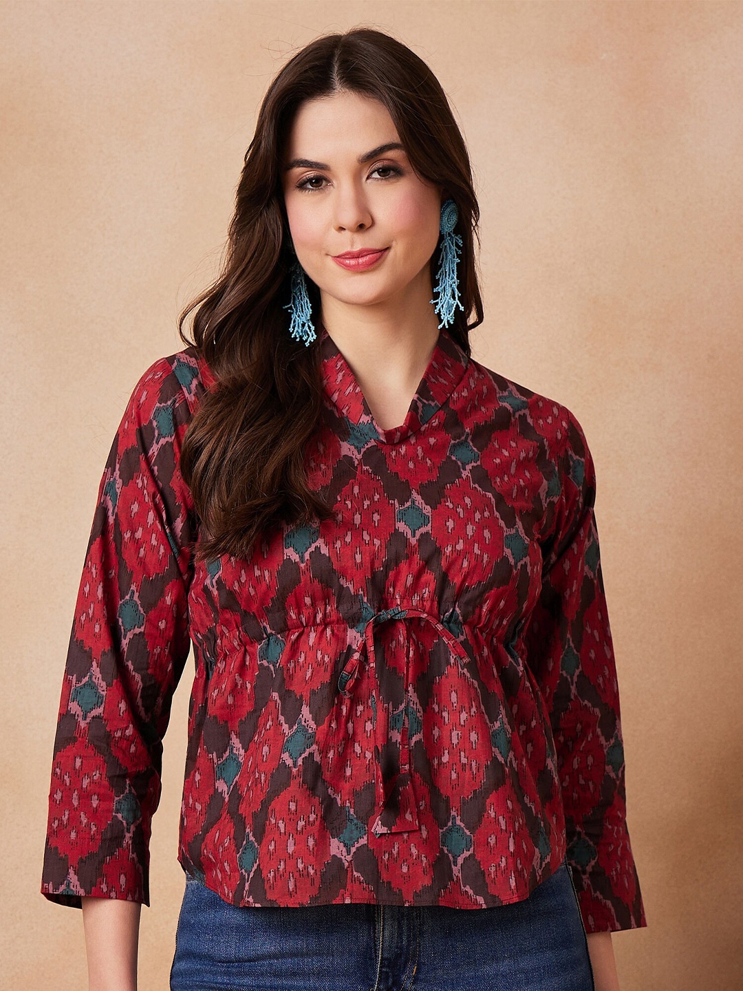 

InWeave Abstract Printed Shwal Neck Cotton Three-Quarter Sleeves Empire Top, Red