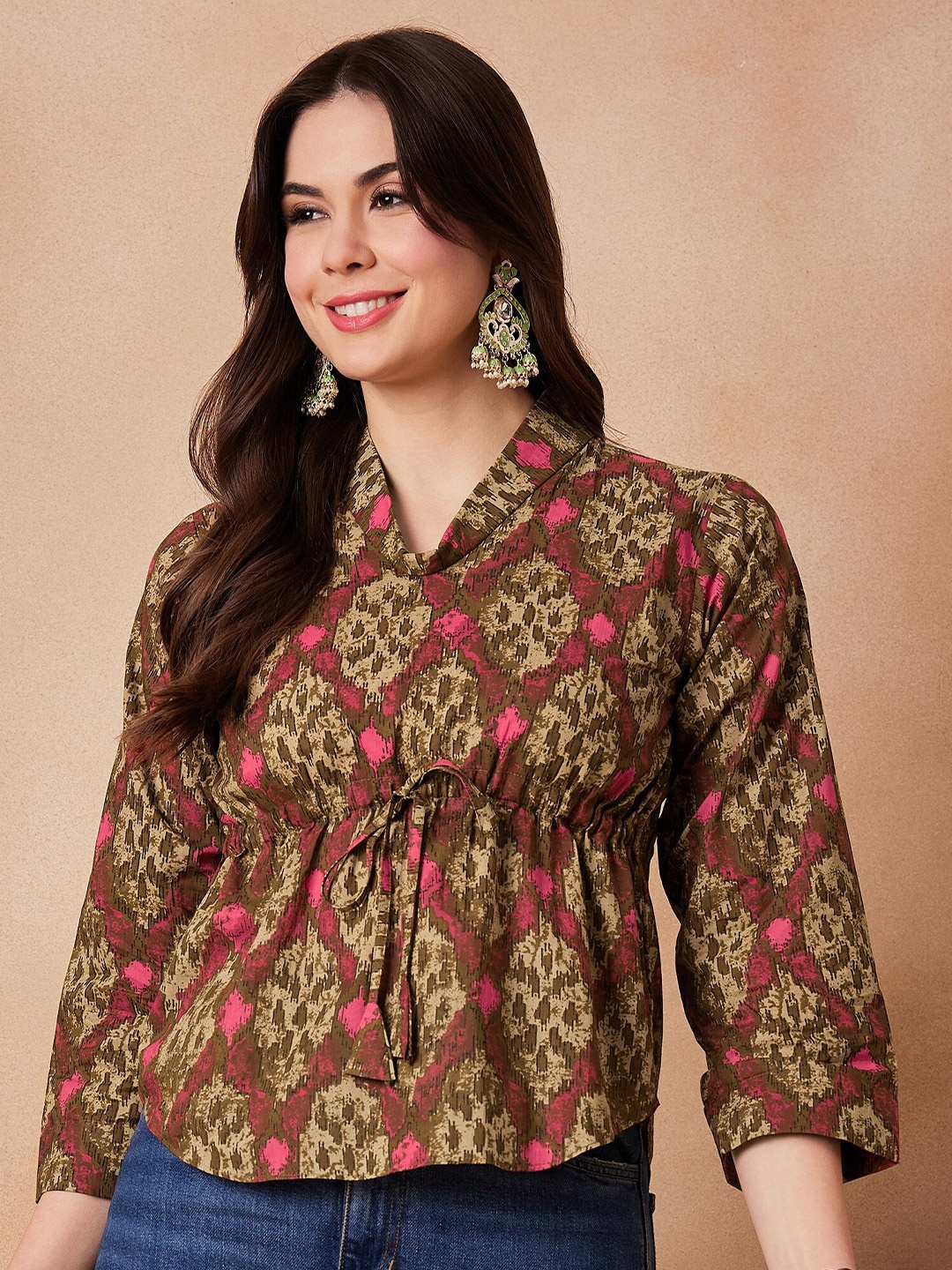 

InWeave Floral Printed Shwal Neck Cotton Three-Quarter Sleeves Waist Top, Green